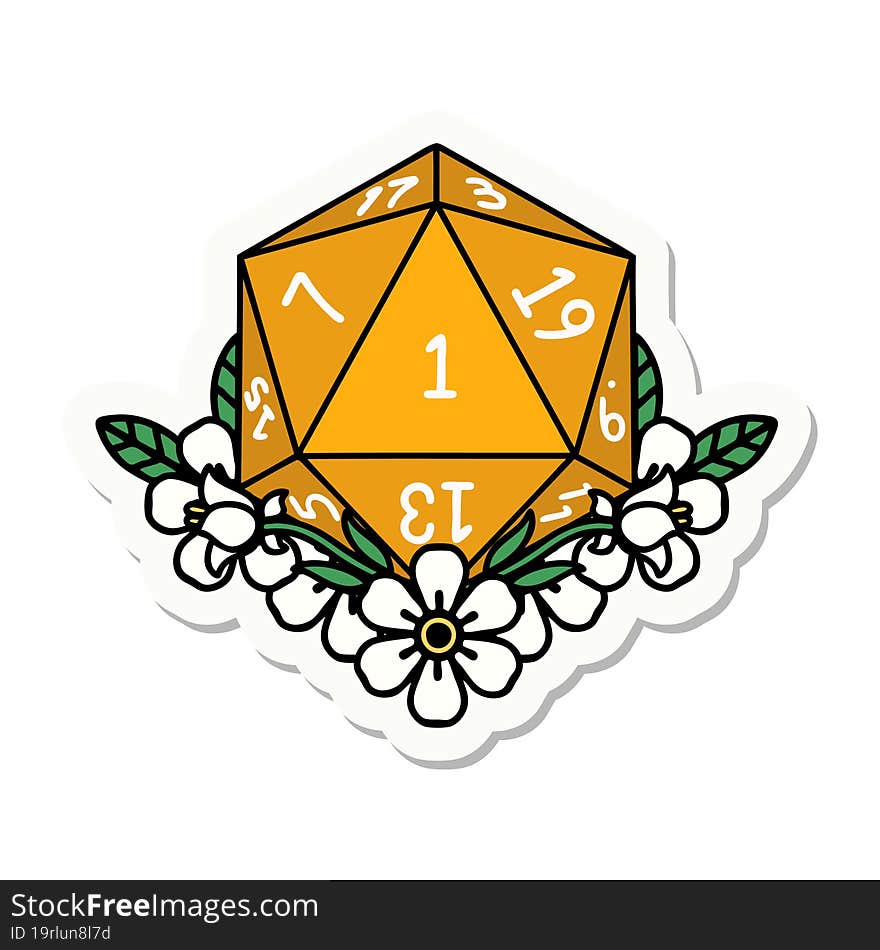 natural one dice roll with floral elements sticker