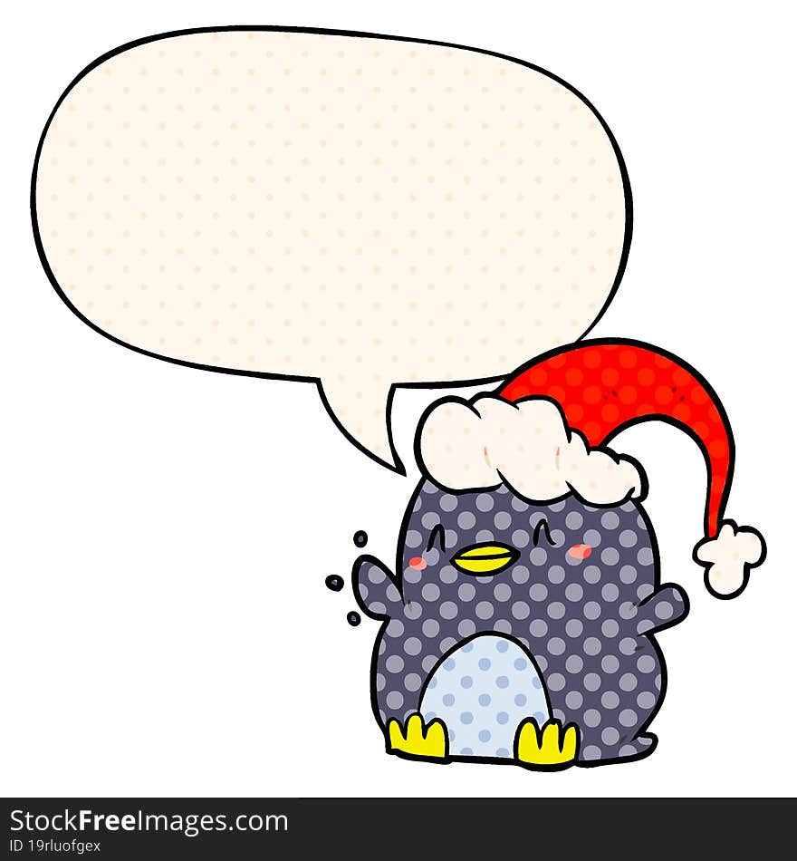 Cartoon Penguin Wearing Christmas Hat And Speech Bubble In Comic Book Style