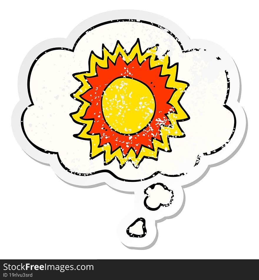 cartoon sun and thought bubble as a distressed worn sticker