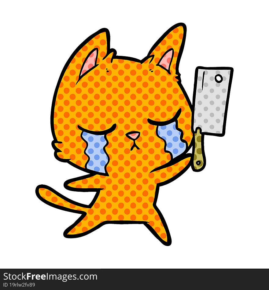 crying cartoon cat with cleaver. crying cartoon cat with cleaver