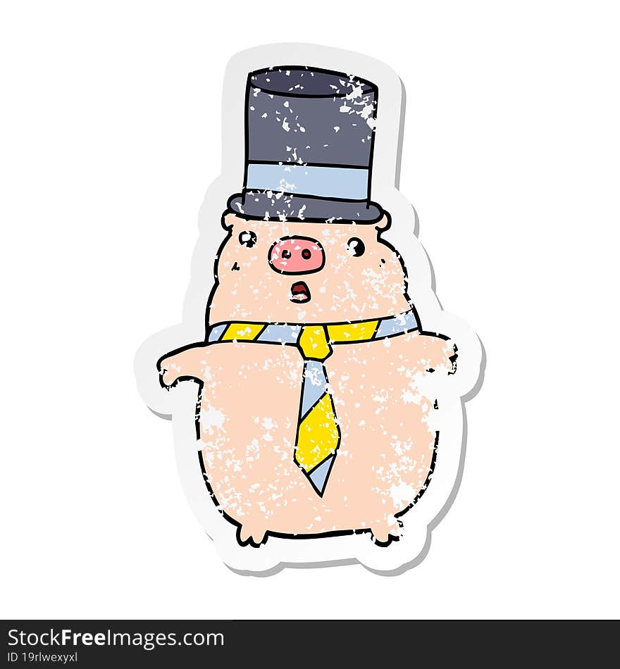 distressed sticker of a cartoon business pig