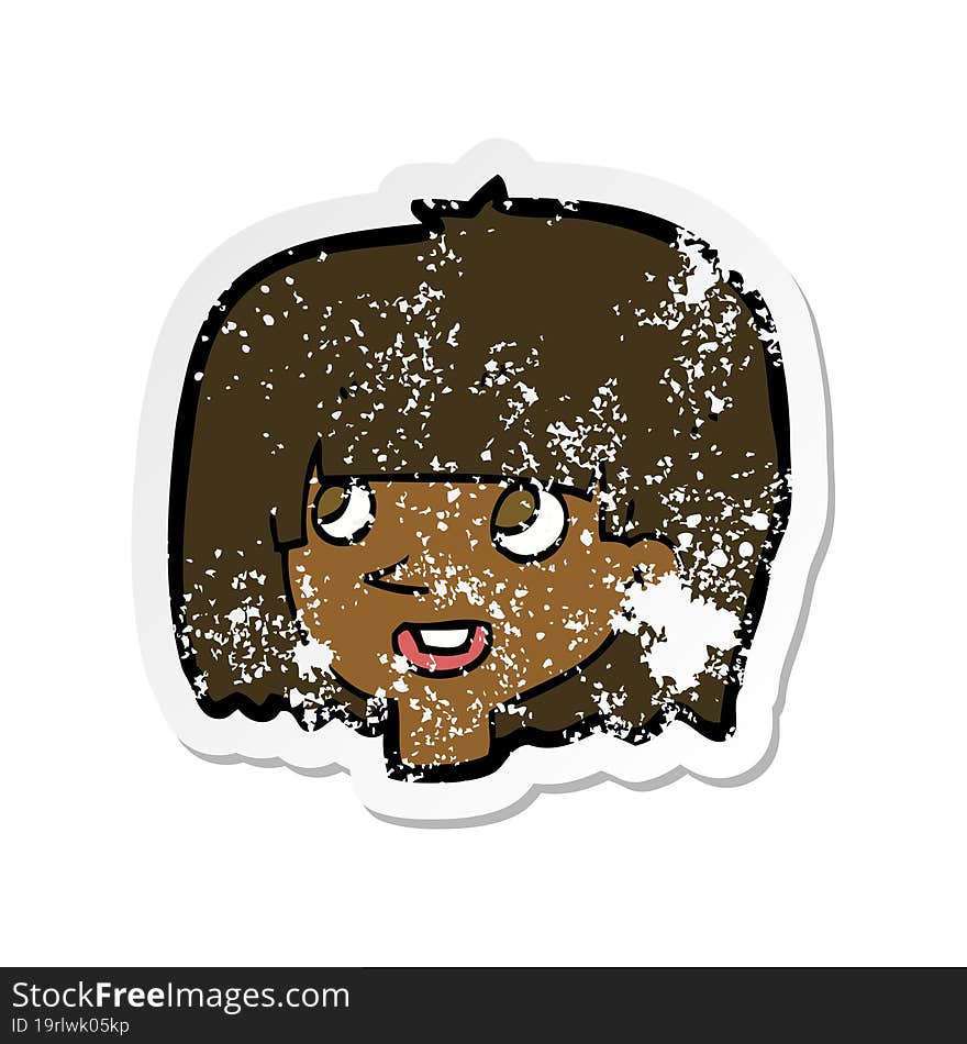 Retro Distressed Sticker Of A Cartoon Happy Female Face