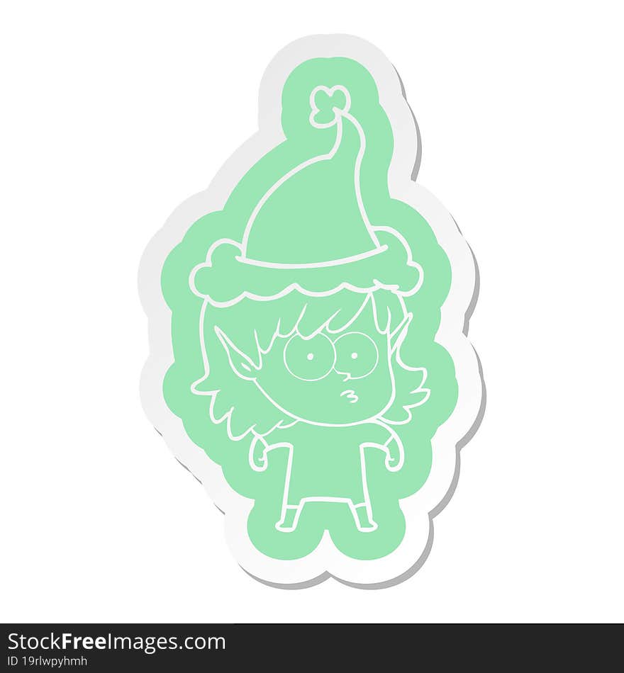 quirky cartoon  sticker of a elf girl staring wearing santa hat