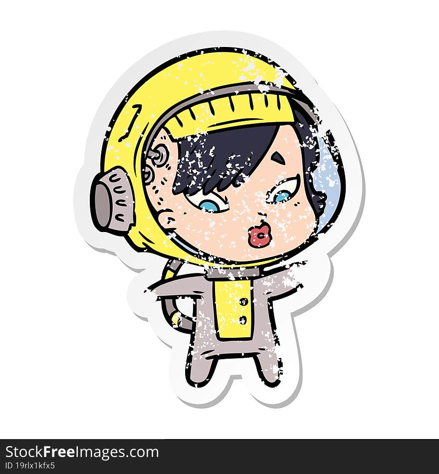 distressed sticker of a cartoon astronaut woman