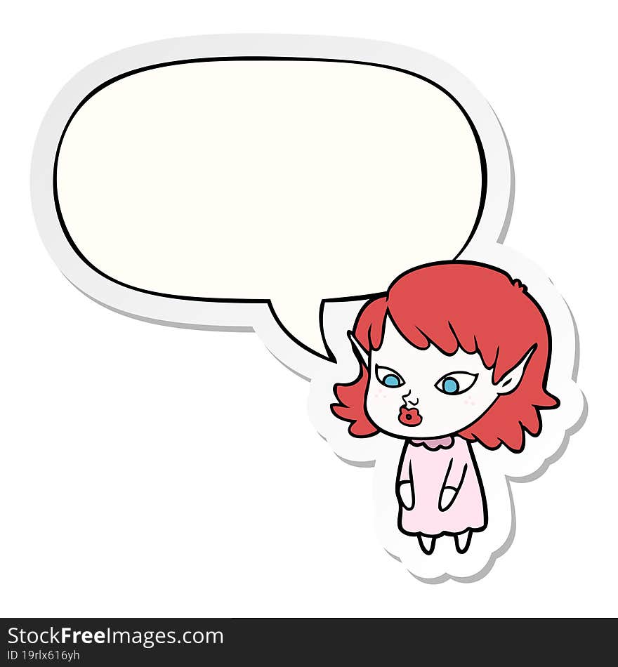 Cartoon Elf Girl And Pointy Ears And Speech Bubble Sticker