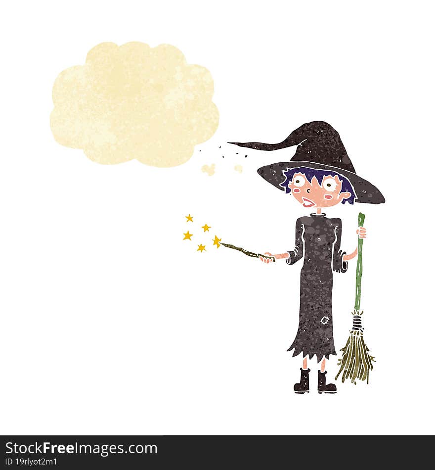 cartoon witch casting spell with thought bubble