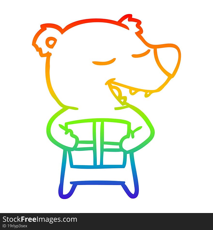 rainbow gradient line drawing cartoon polar bear with present