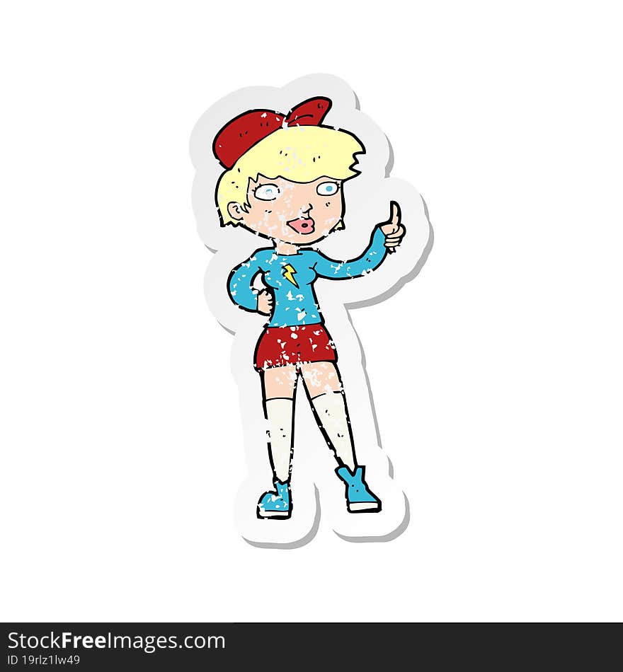 retro distressed sticker of a cartoon skater girl giving thumbs up symbol