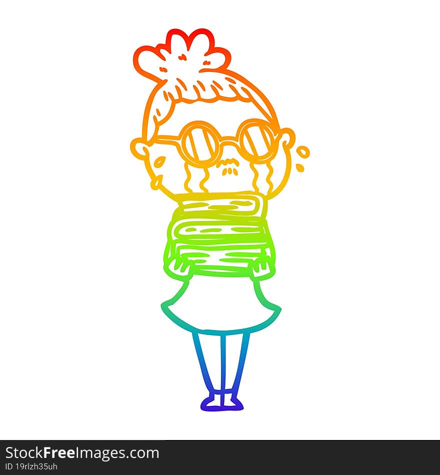 rainbow gradient line drawing cartoon crying woman wearing spectacles