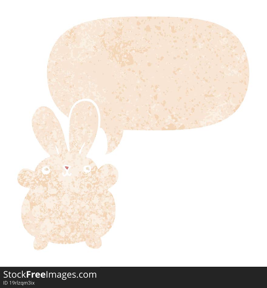 cute cartoon rabbit with speech bubble in grunge distressed retro textured style. cute cartoon rabbit with speech bubble in grunge distressed retro textured style