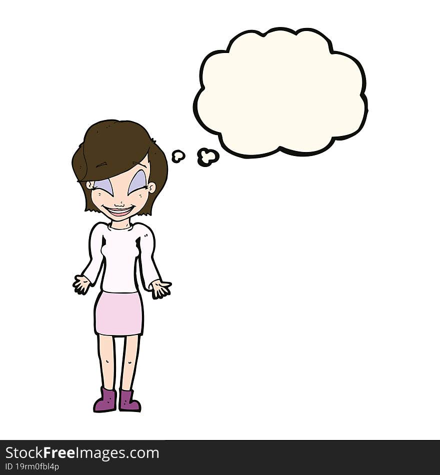 Cartoon Happy Woman Shrugging Shoulders With Thought Bubble