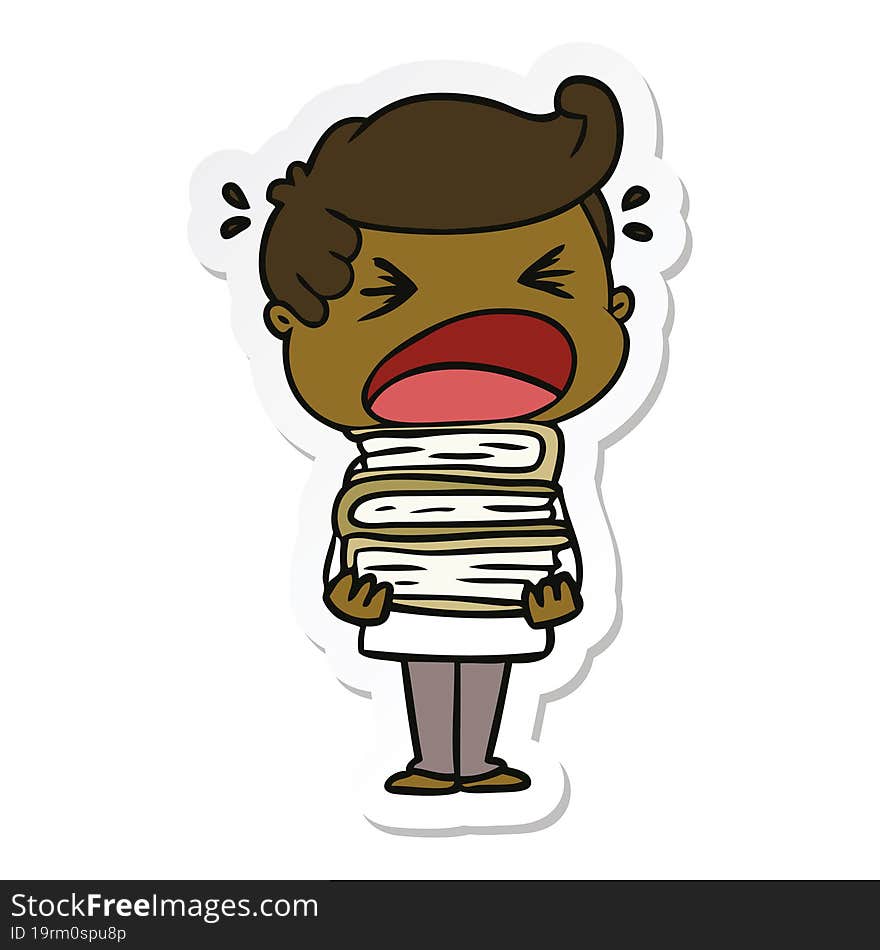 sticker of a cartoon shouting man with stack of books