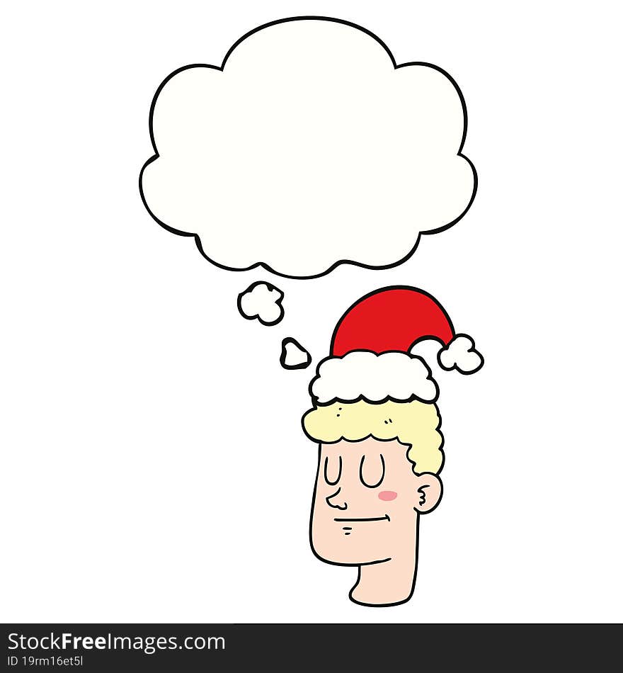 cartoon man wearing christmas hat and thought bubble