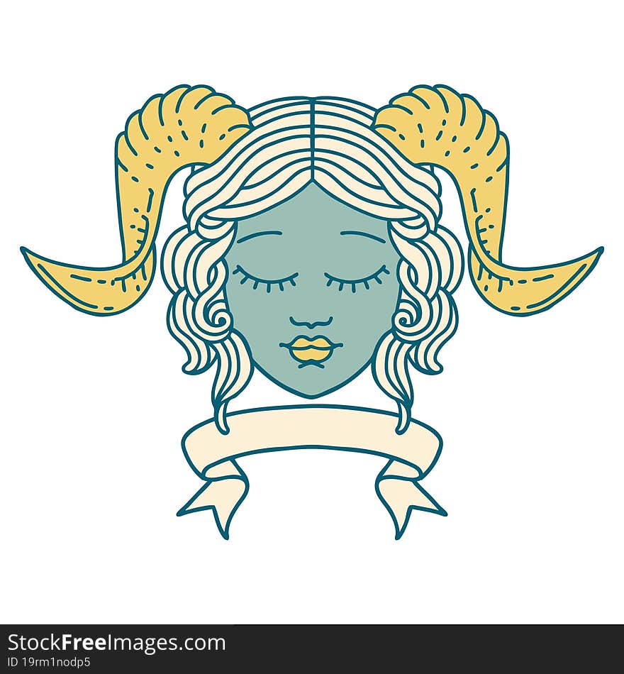 tiefling character face with scroll banner illustration