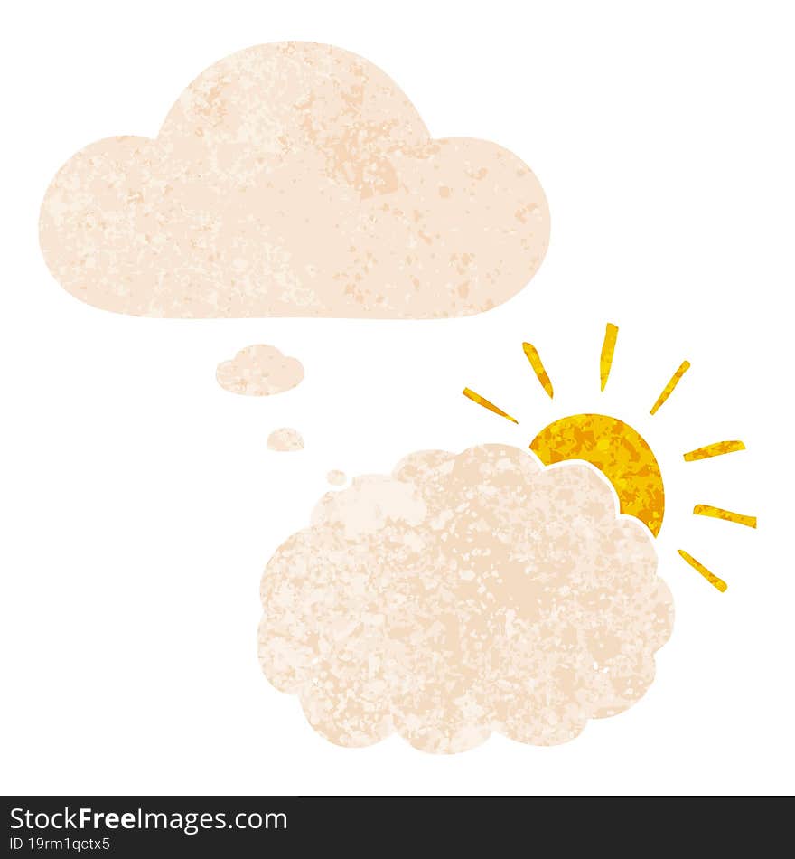 Cartoon Sun And Cloud Symbol And Thought Bubble In Retro Textured Style