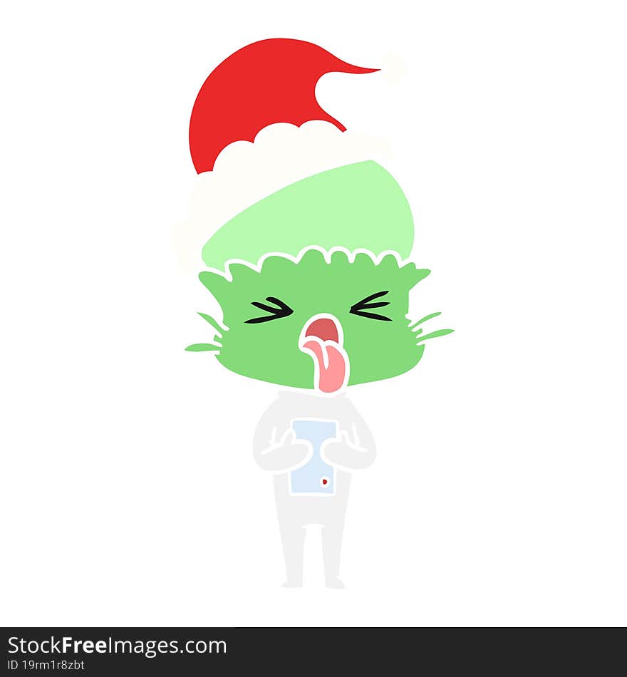 Disgusted Flat Color Illustration Of A Alien Wearing Santa Hat