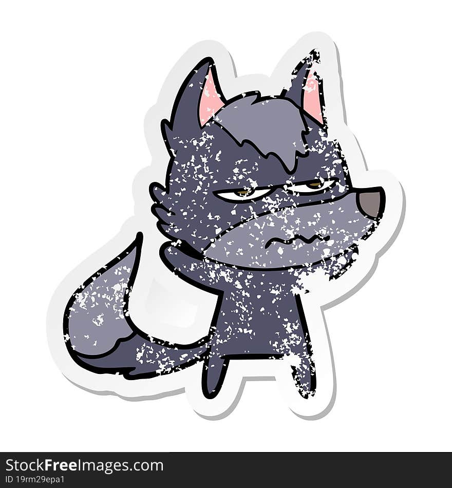 distressed sticker of a cartoon annoyed wolf