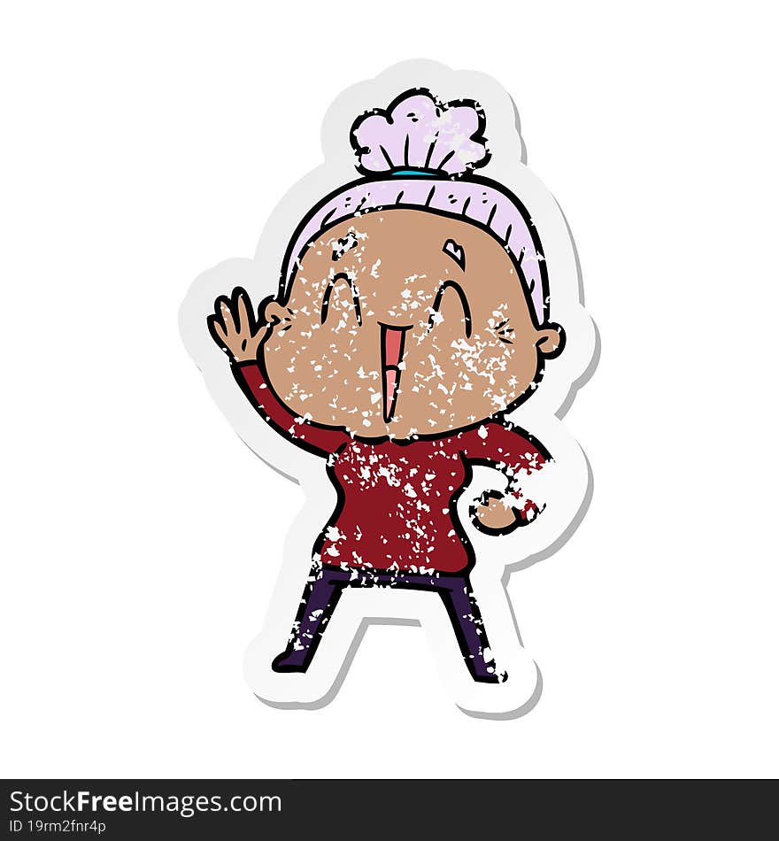 distressed sticker of a cartoon happy old lady