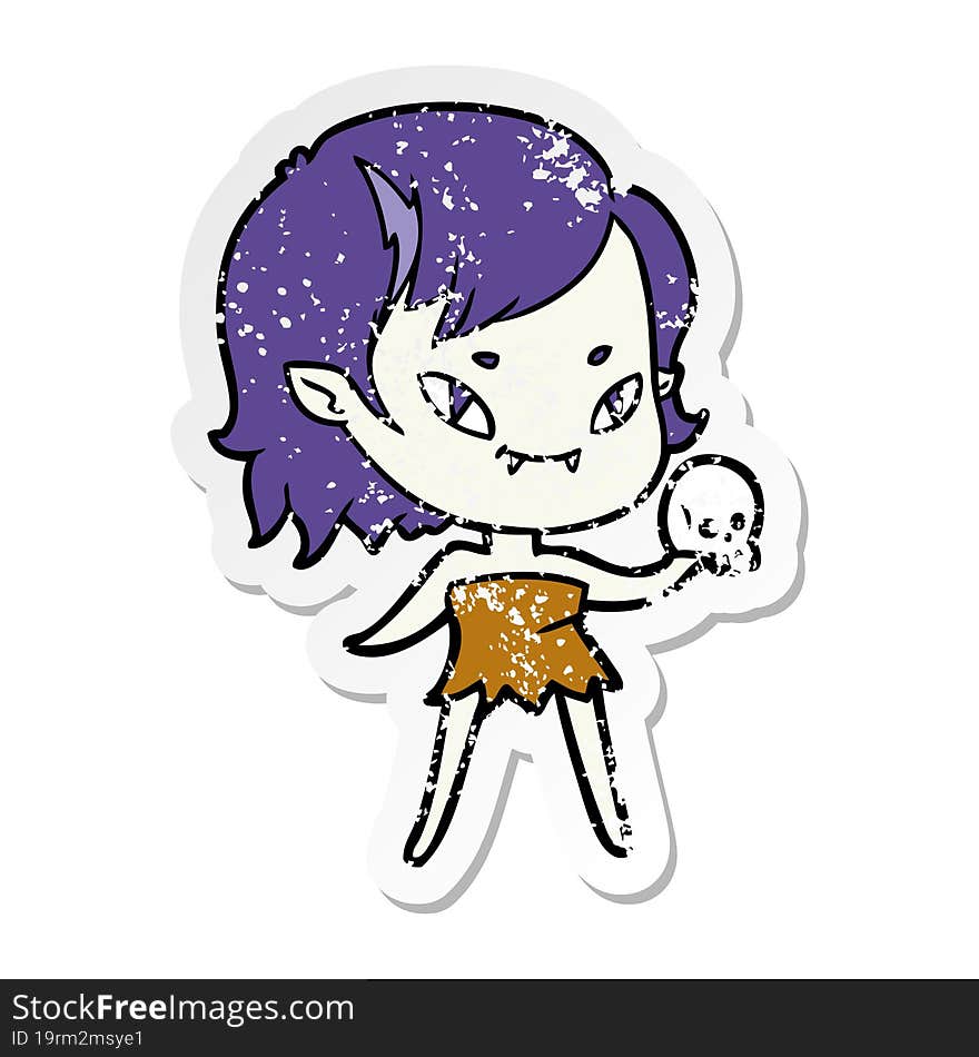 distressed sticker of a cartoon friendly vampire girl with skull