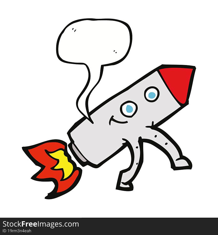 cartoon happy rocket with speech bubble