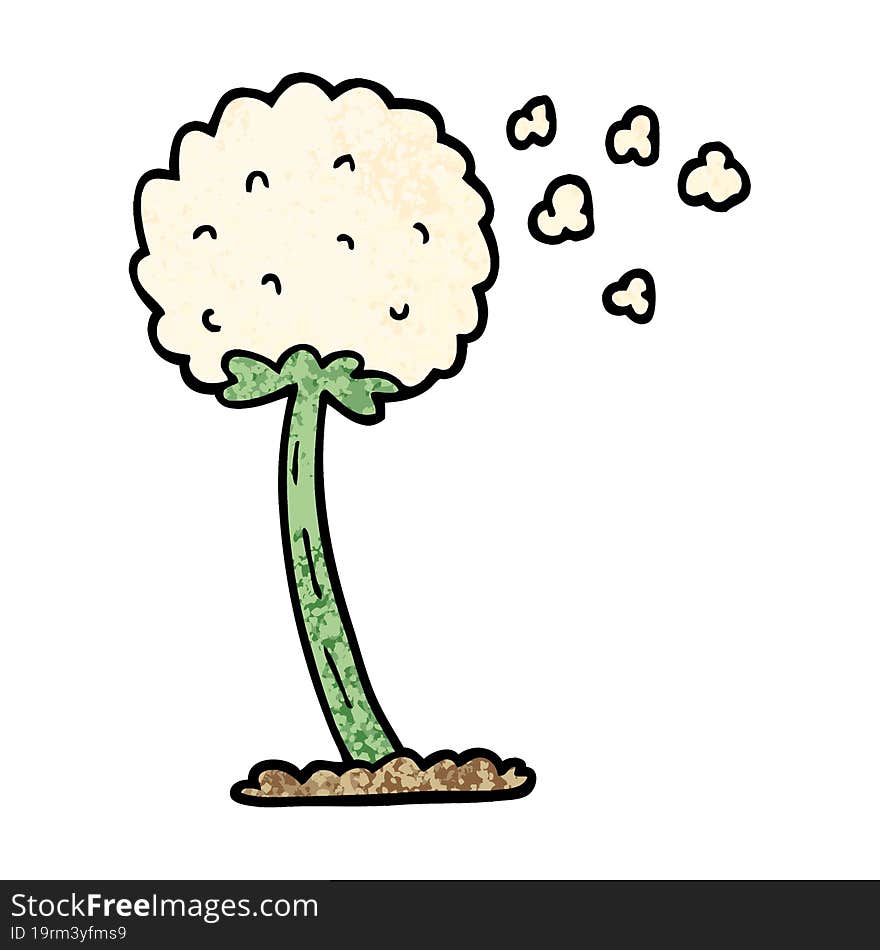 grunge textured illustration cartoon dandelion blowing in wind