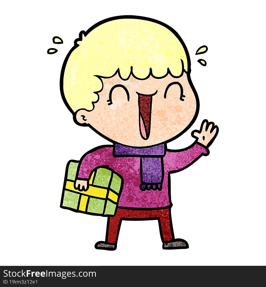 laughing cartoon man with present. laughing cartoon man with present