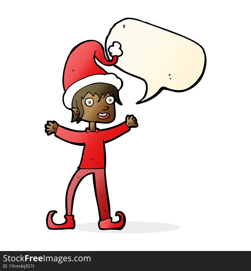 cartoon excited christmas elf with speech bubble