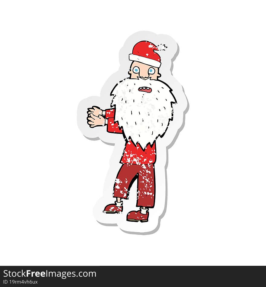 retro distressed sticker of a cartoon man in santa hat