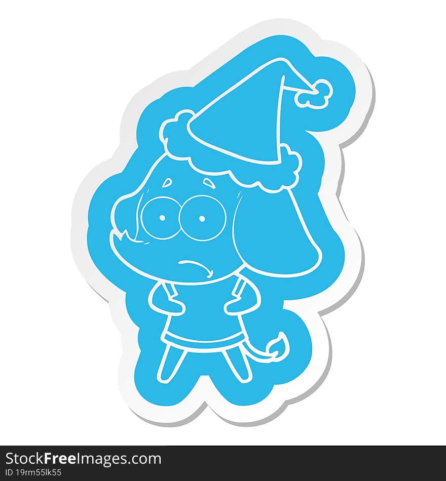 cartoon  sticker of a unsure elephant wearing santa hat