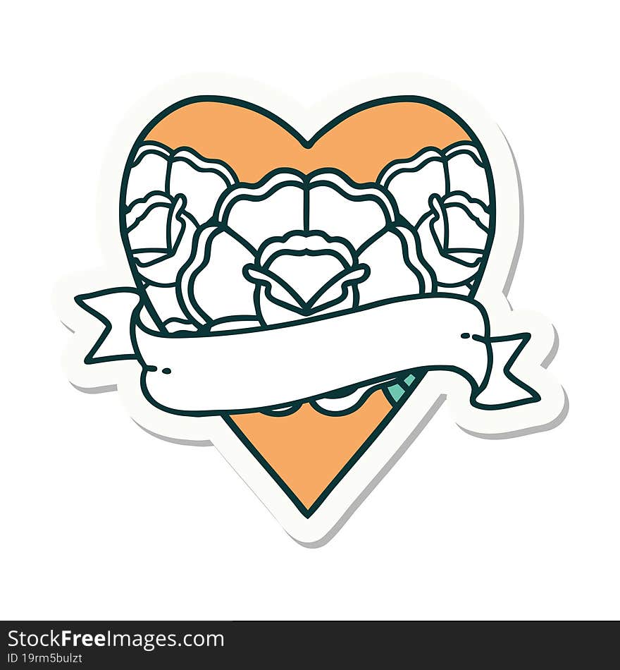 sticker of tattoo in traditional style of a heart and banner with flowers. sticker of tattoo in traditional style of a heart and banner with flowers