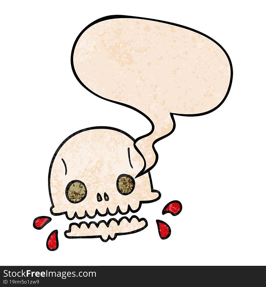 cartoon spooky skull and speech bubble in retro texture style