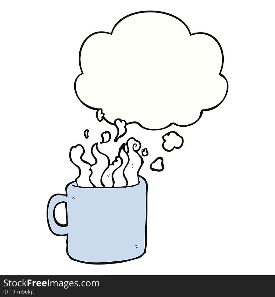 cartoon hot cup of coffee and thought bubble