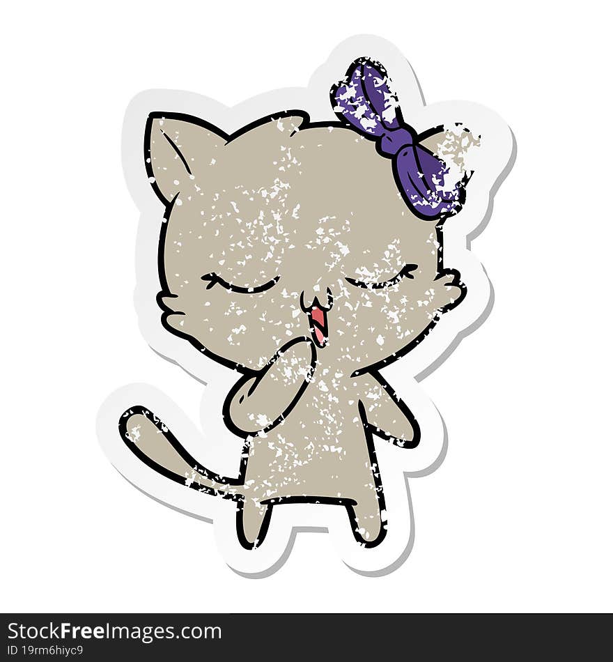 Distressed Sticker Of A Cartoon Cat With Bow On Head