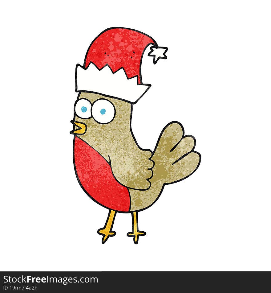 textured cartoon robin in christmas hat