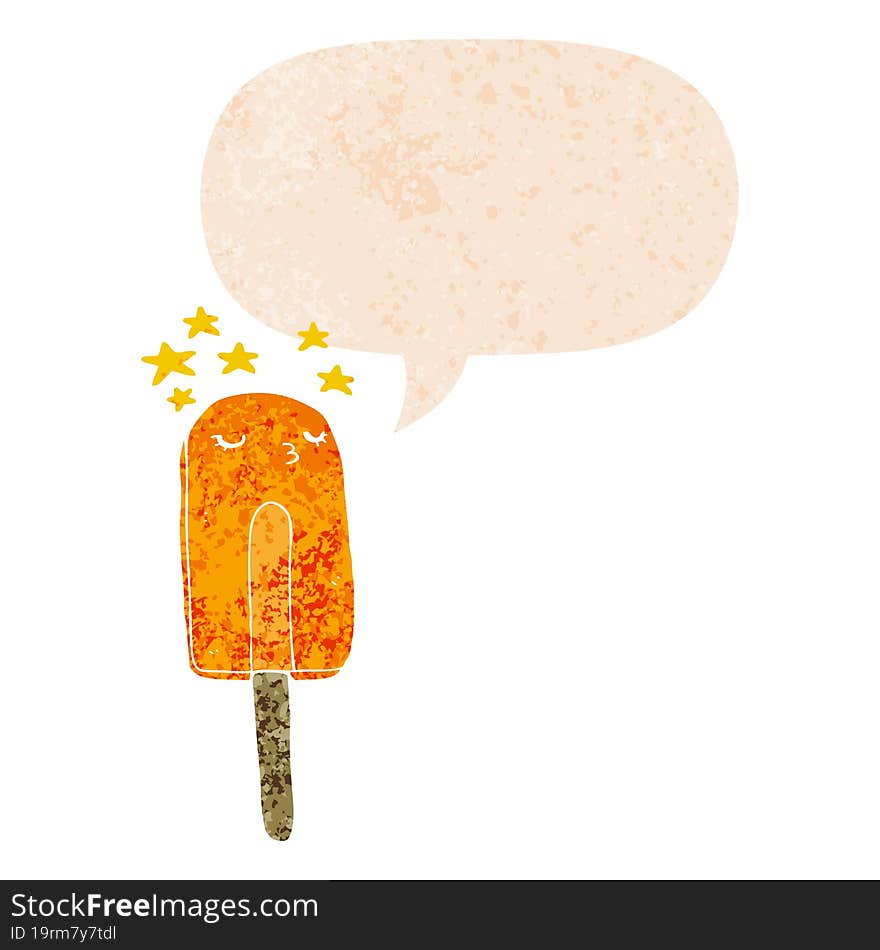 Cartoon Ice Lolly And Speech Bubble In Retro Textured Style