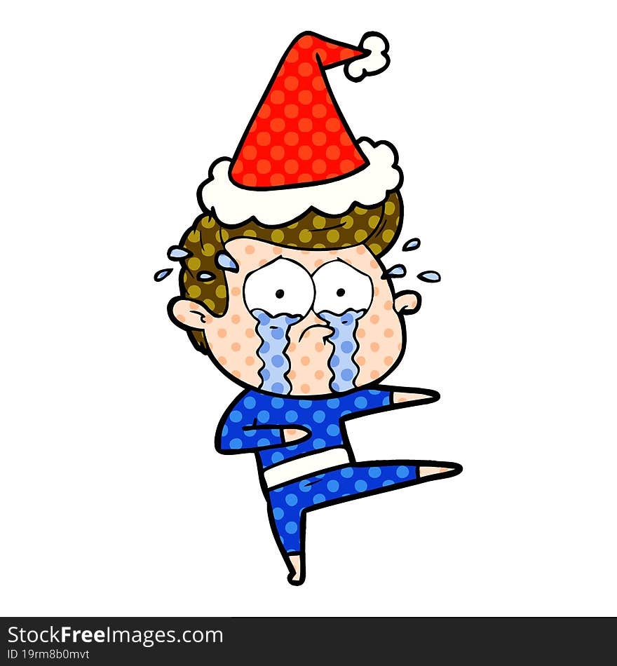 comic book style illustration of a crying dancer wearing santa hat