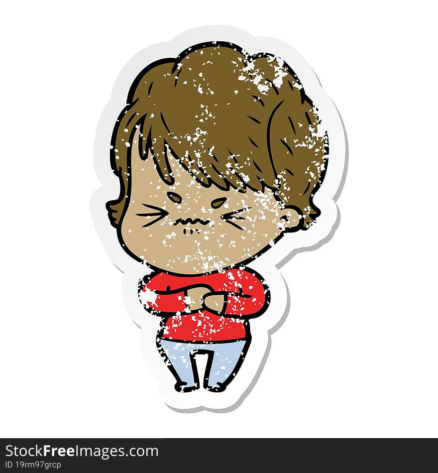 distressed sticker of a cartoon frustrated woman