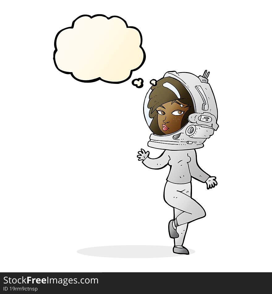 cartoon woman wearing space helmet with thought bubble