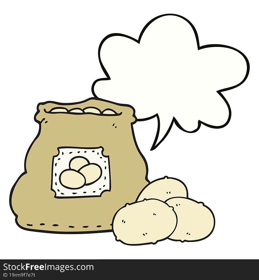 cartoon bag of potatoes with speech bubble. cartoon bag of potatoes with speech bubble