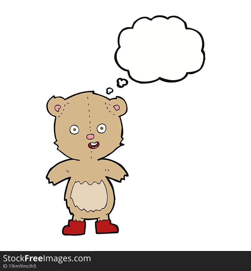 cartoon happy teddy bear in boots with thought bubble