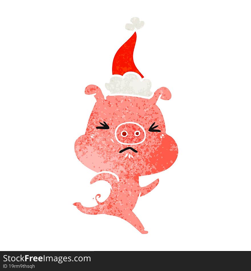 retro cartoon of a annoyed pig running wearing santa hat