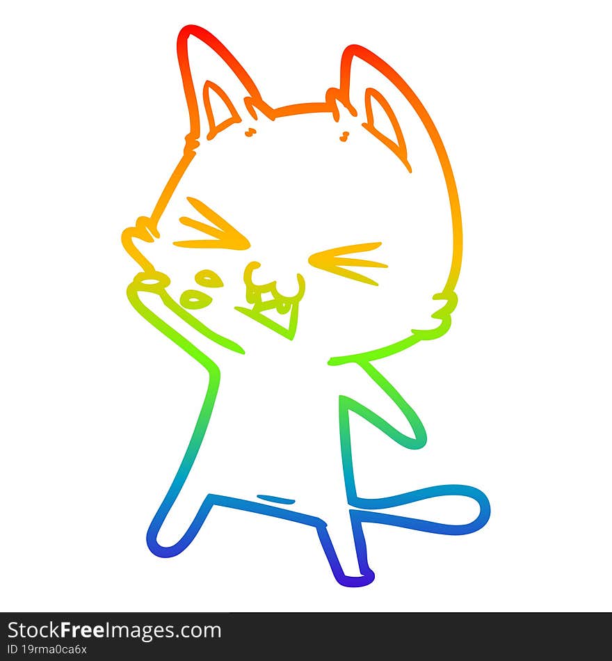 Rainbow Gradient Line Drawing Cartoon Cat Hissing