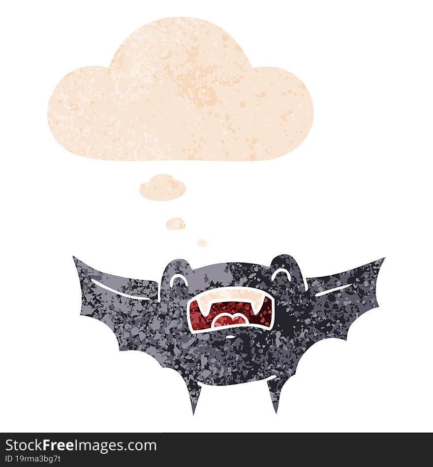 cartoon vampire bat and thought bubble in retro textured style