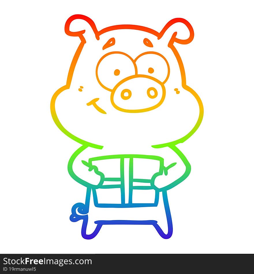 rainbow gradient line drawing of a happy cartoon pig holding christmas present