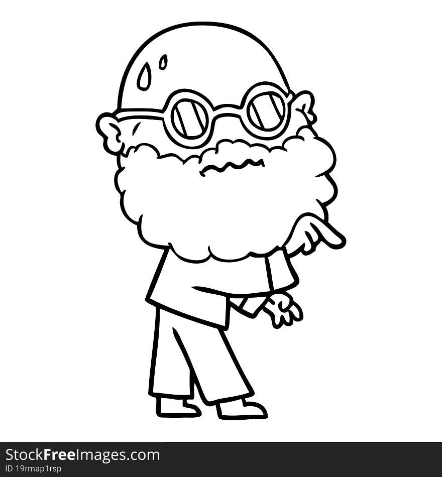 cartoon worried man with beard and spectacles pointing finger. cartoon worried man with beard and spectacles pointing finger