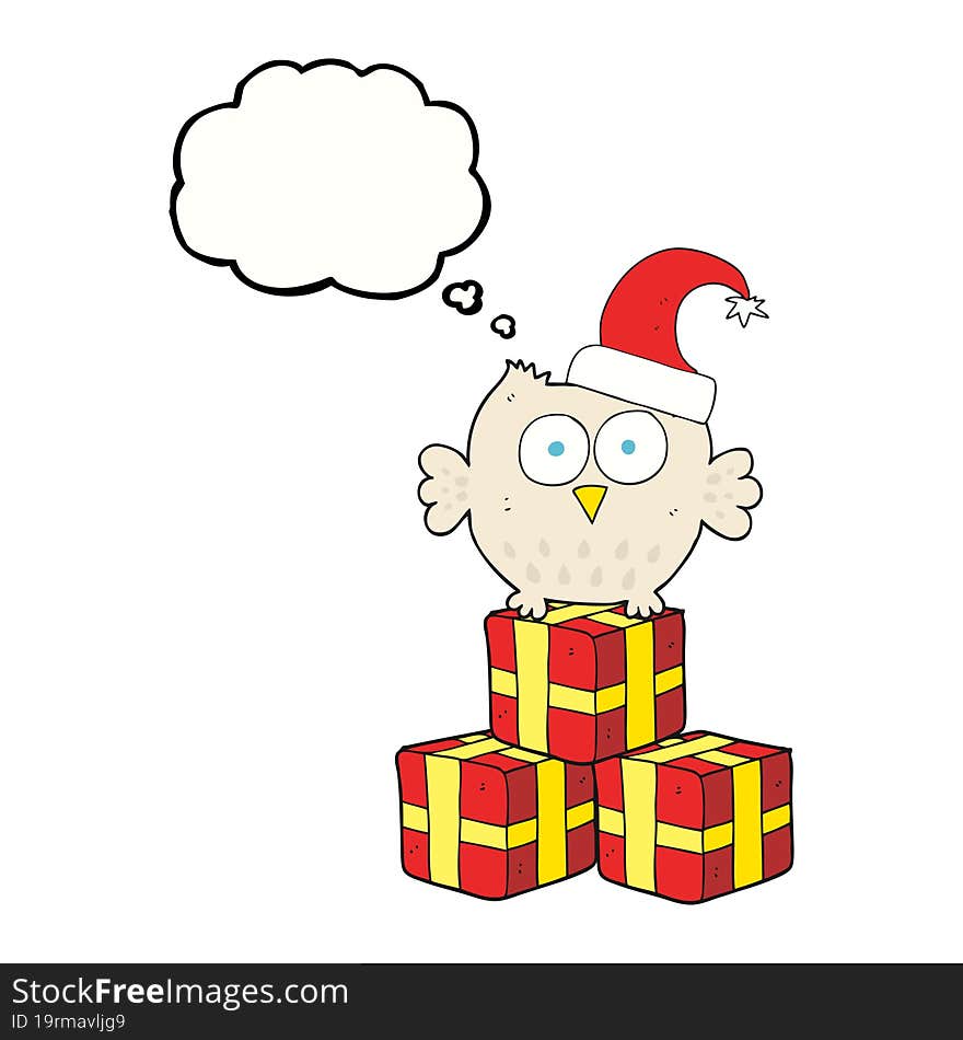 freehand drawn thought bubble cartoon little owl wearing christmas hat