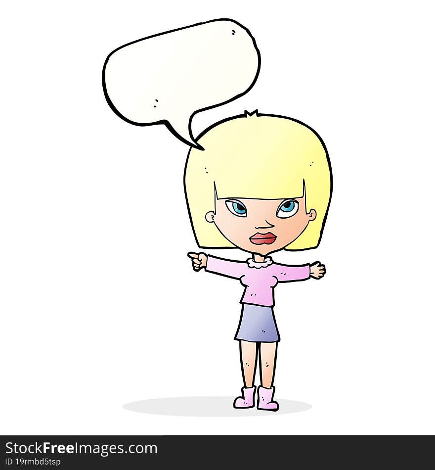 cartoon woman pointing with speech bubble