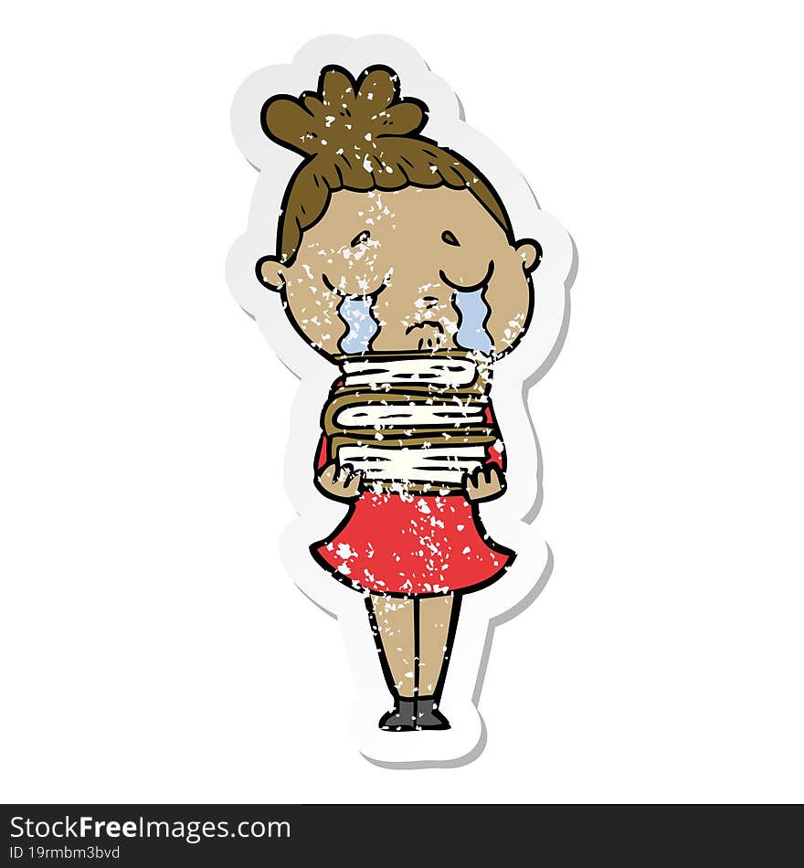 distressed sticker of a cartoon crying woman with stack of books