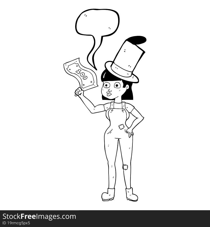 freehand drawn speech bubble cartoon woman holding on to money