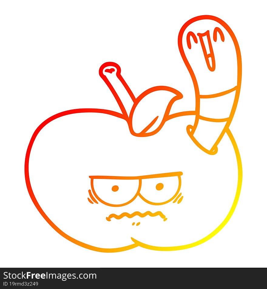 warm gradient line drawing of a cartoon worm eating an angry apple